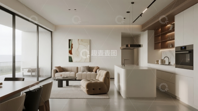 高清大图下载【趣麦麦图】现代简约风格客厅与厨房开放式设计