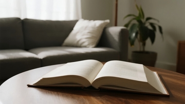 一本打开的书置于木质茶几上背景为沙发