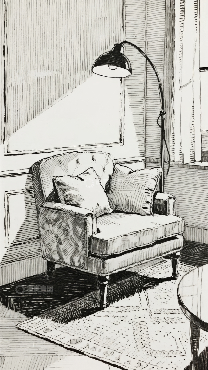 高清大图下载【趣麦麦图】手绘风格的室内角落摆放着扶手椅和落地灯
