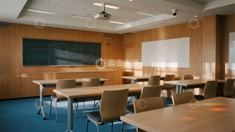 高清大图下载【趣麦麦图】一间光线充足配备黑板和白板的现代化教室
