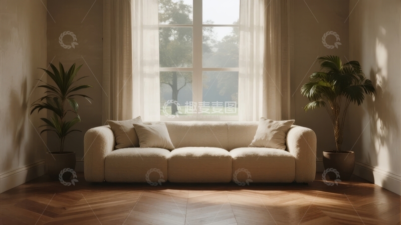 高清大图下载【趣麦麦图】明亮窗户前的简约客厅沙发与绿植