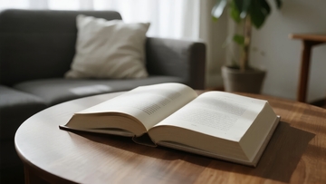 一本打开的书放在木质圆桌上旁边是沙发和绿植