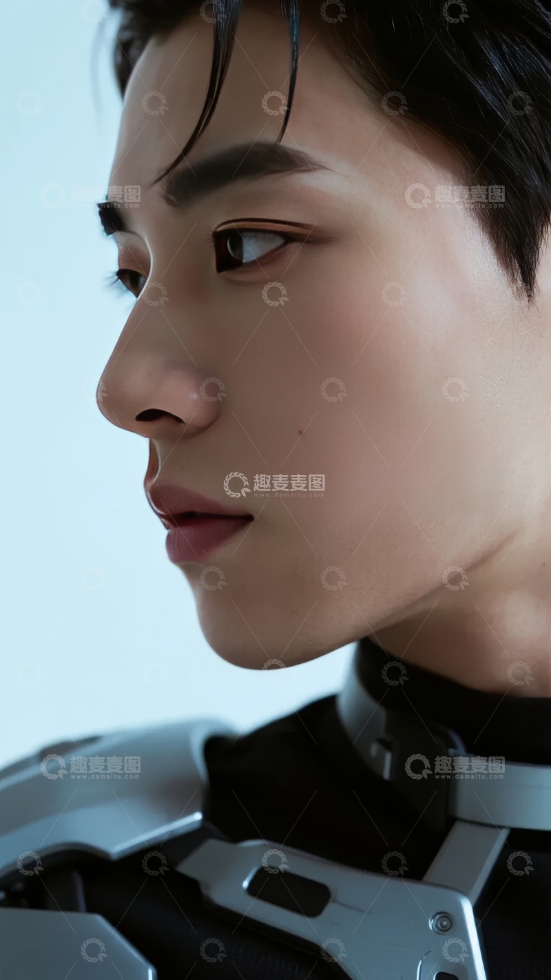 高清大图下载【趣麦麦图】侧脸特写展示年轻男性面部轮廓与金属质感装饰