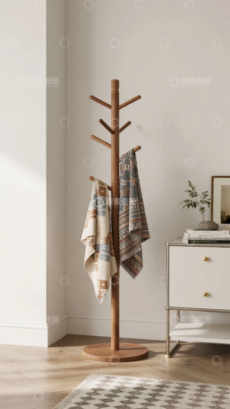 高清大图下载【趣麦麦图】简约风格木质衣帽架搭配白色柜子的室内角落