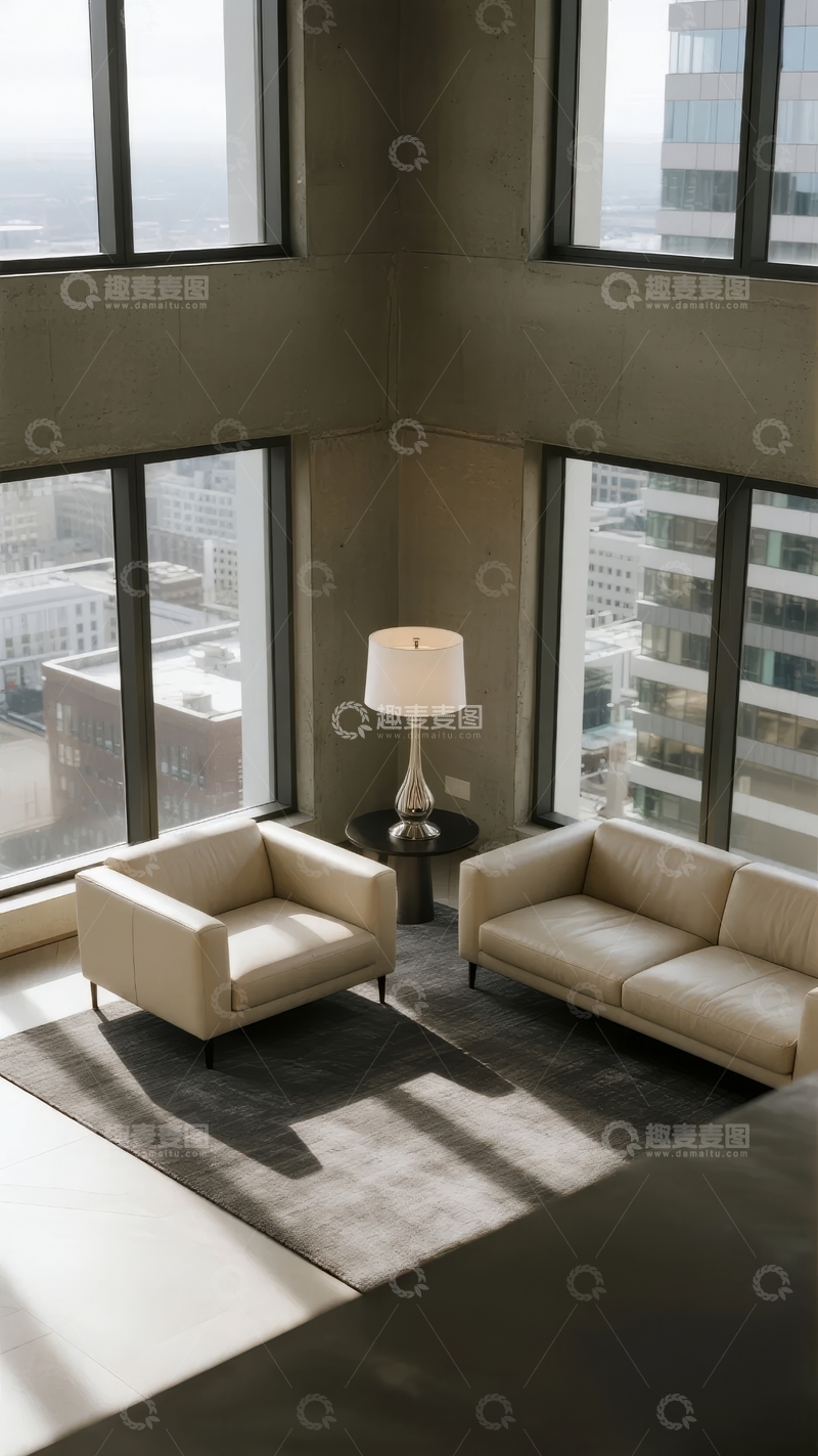 高清大图下载【趣麦麦图】现代公寓客厅角落俯瞰城市景观