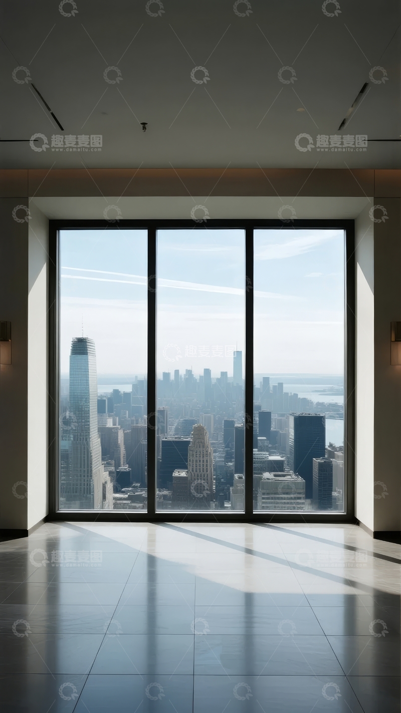 高清大图下载【趣麦麦图】室内视角下的城市天际线全景