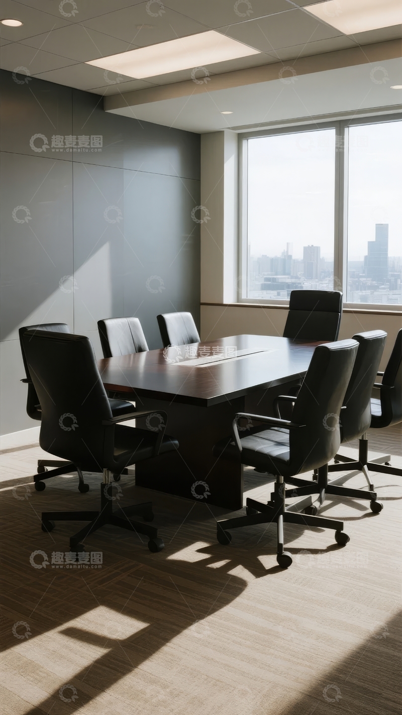 高清大图下载【趣麦麦图】现代会议室配备长桌和多把椅子窗外可见城市景观