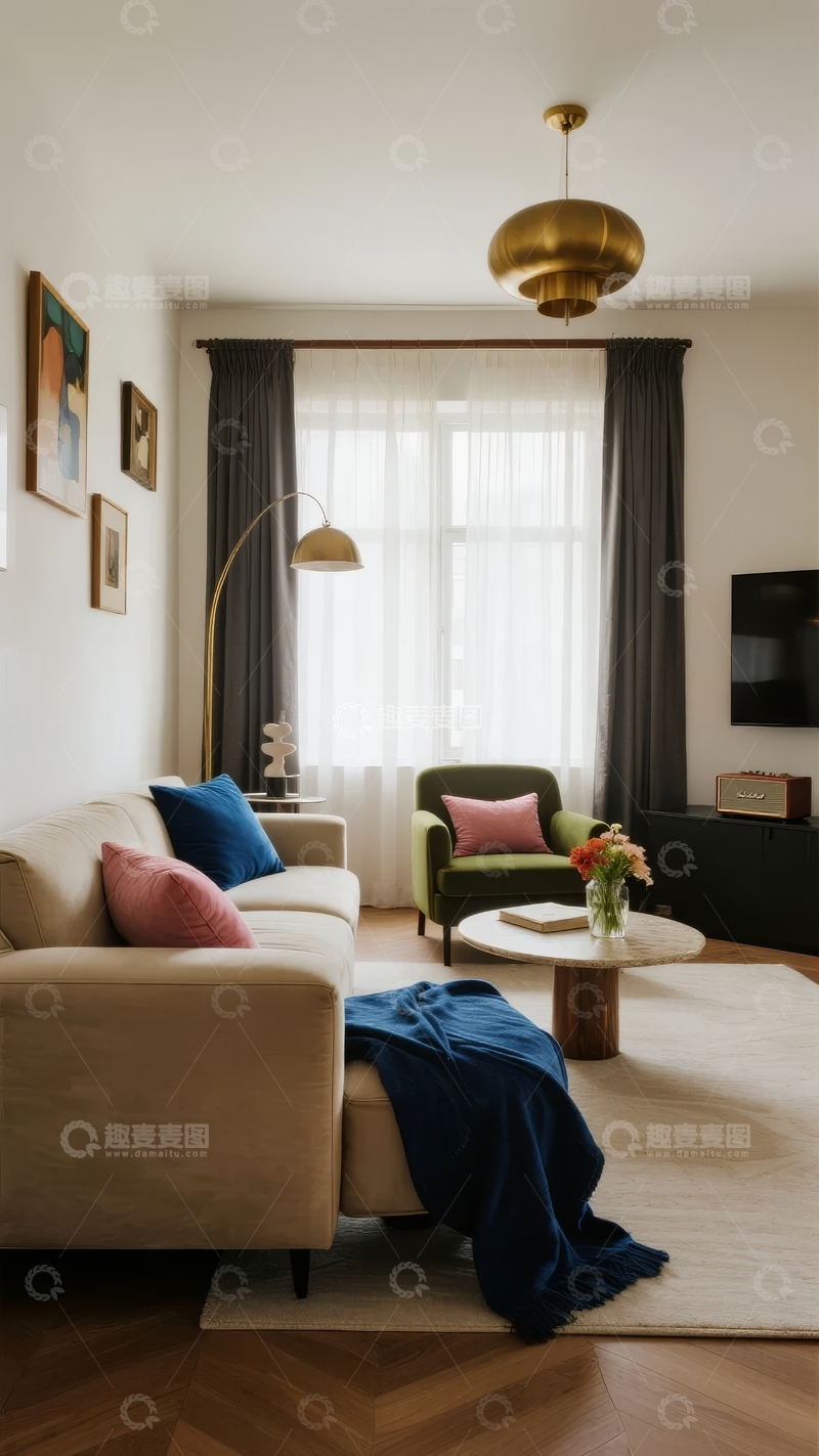 高清大图下载【趣麦麦图】现代客厅布置温馨舒适配有沙发吊灯和装饰画