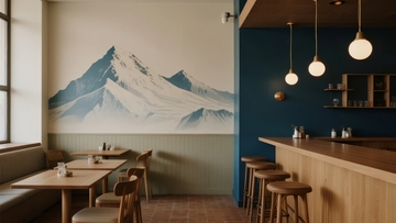 现代风格咖啡馆内景墙绘雪山吧台与座椅布置