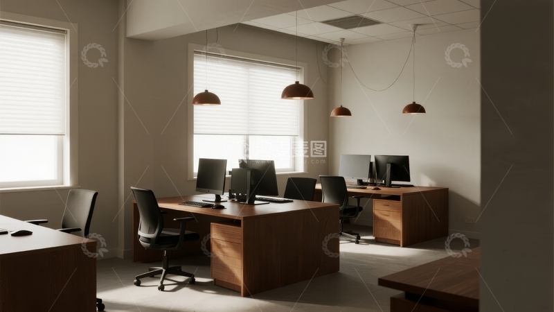 高清大图下载【趣麦麦图】现代办公室内景配备电脑和吊灯