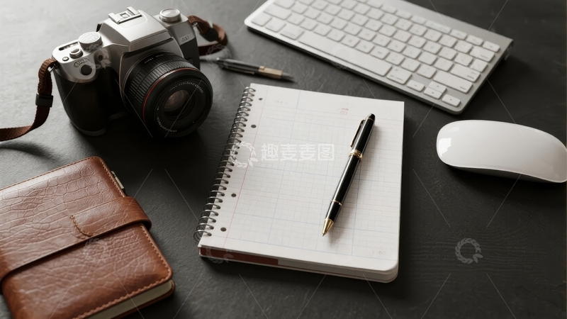 高清大图下载【趣麦麦图】相机笔记本鼠标键盘等办公用品摆放在深色桌面上