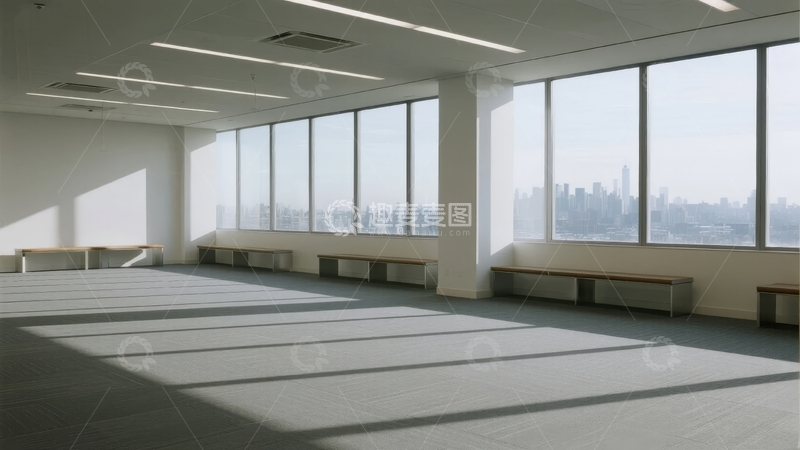 高清大图下载【趣麦麦图】宽敞明亮的室内空间设有长窗和木质长凳