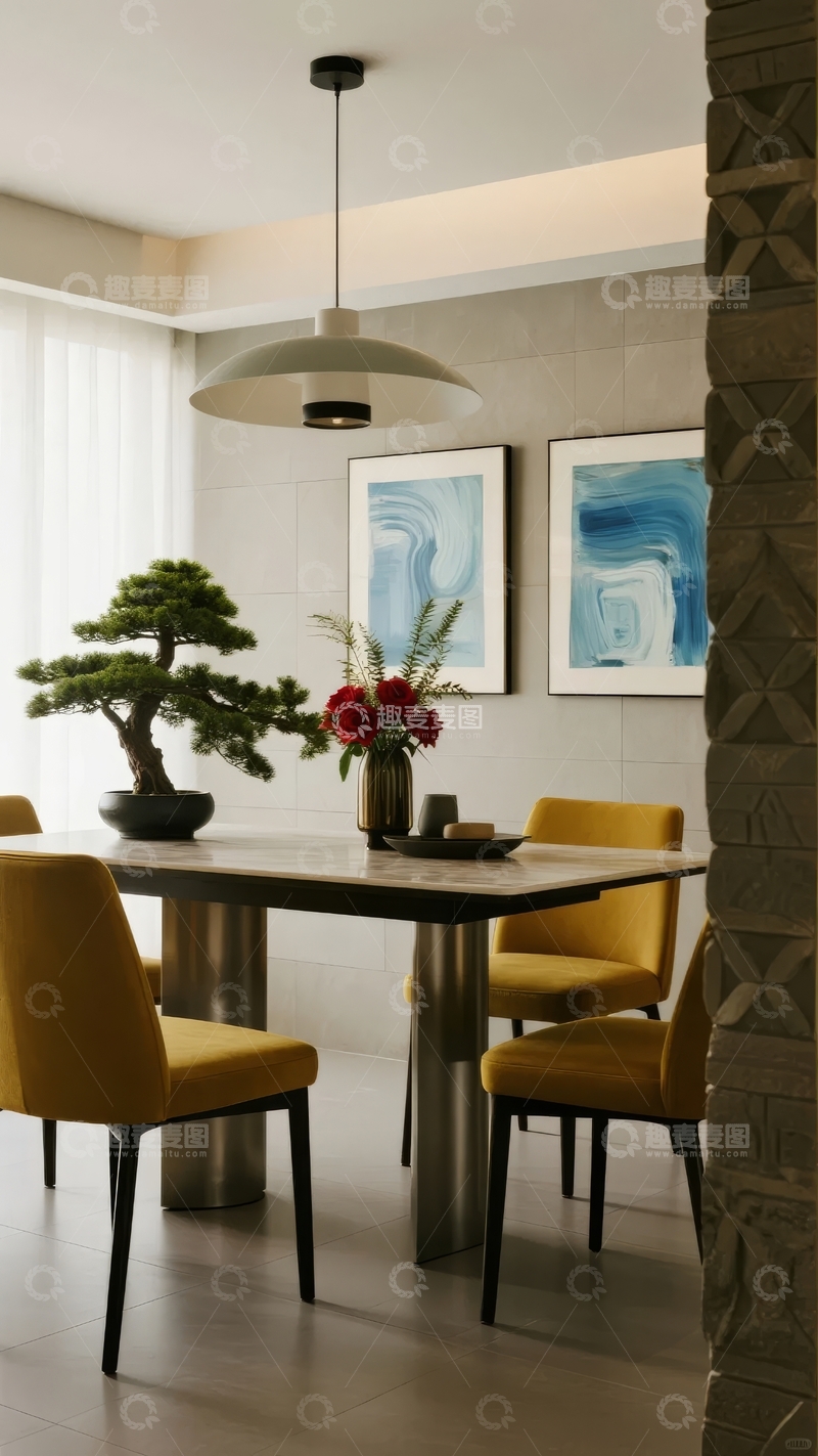 高清大图下载【趣麦麦图】现代简约风格餐厅内景装饰有盆景与艺术画作