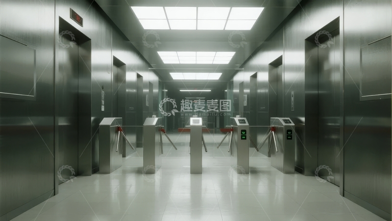 高清大图下载【趣麦麦图】现代化金属走廊中的自动闸机通道