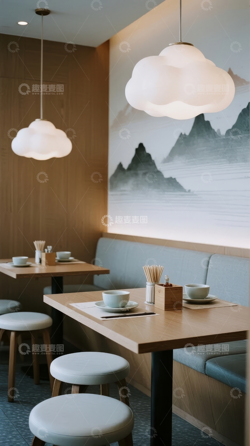 高清大图下载【趣麦麦图】现代简约风格餐厅内景装饰有云朵吊灯和山水壁画