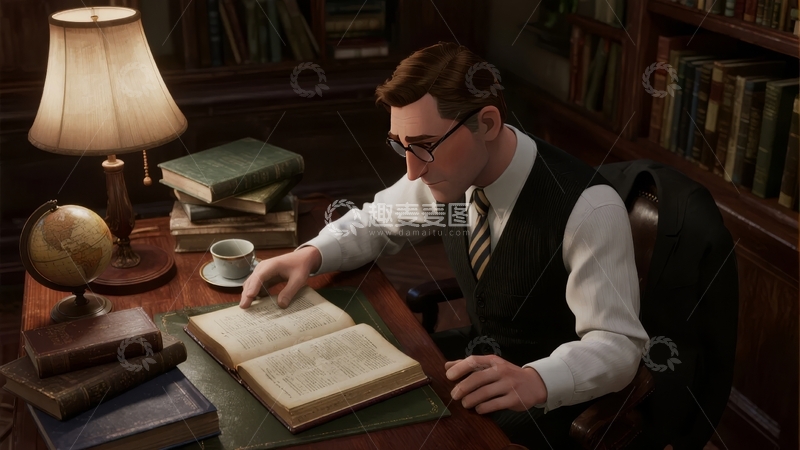 高清大图下载【趣麦麦图】戴眼镜男子在书房专注阅读大开本书籍