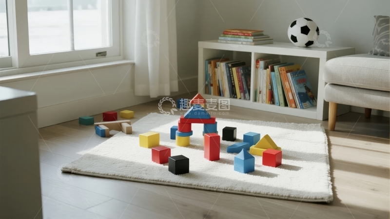 高清大图下载【趣麦麦图】儿童游戏区摆放着积木和书籍的温馨角落