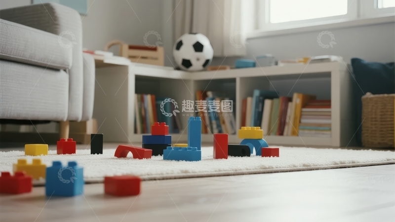 高清大图下载【趣麦麦图】儿童游戏区散落积木与书架