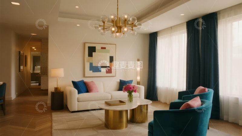 高清大图下载【趣麦麦图】现代客厅布置优雅舒适配有沙发和装饰画
