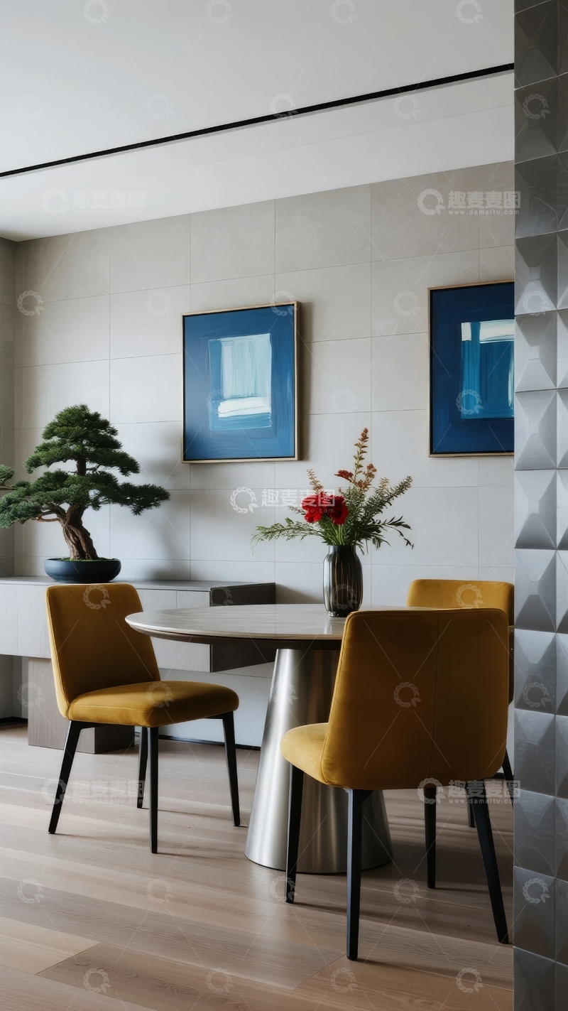 高清大图下载【趣麦麦图】现代简约风格餐厅一角摆放着黄色椅子和装饰植物