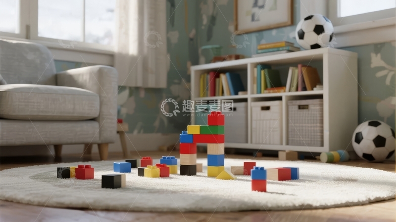 高清大图下载【趣麦麦图】儿童房内摆放着积木和足球的温馨场景