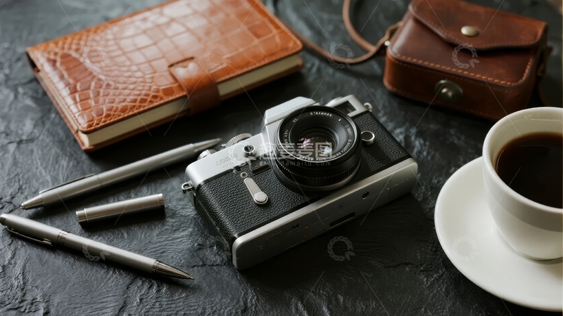 高清大图下载【趣麦麦图】复古相机与文具咖啡杯静物摆拍