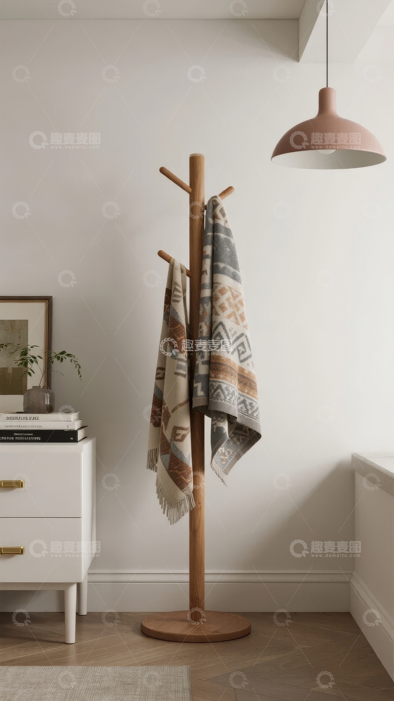 高清大图下载【趣麦麦图】简约风格室内一角挂衣架毛巾与装饰画