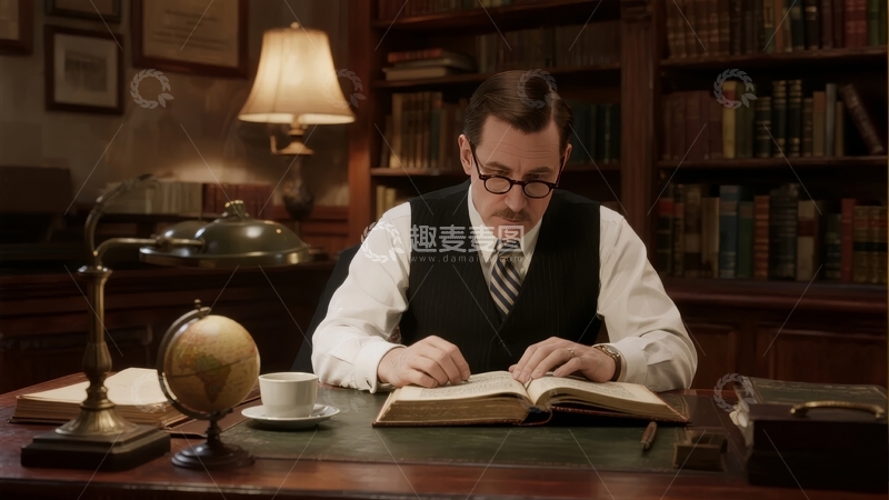 高清大图下载【趣麦麦图】戴眼镜男子在复古书房中专注阅读书籍