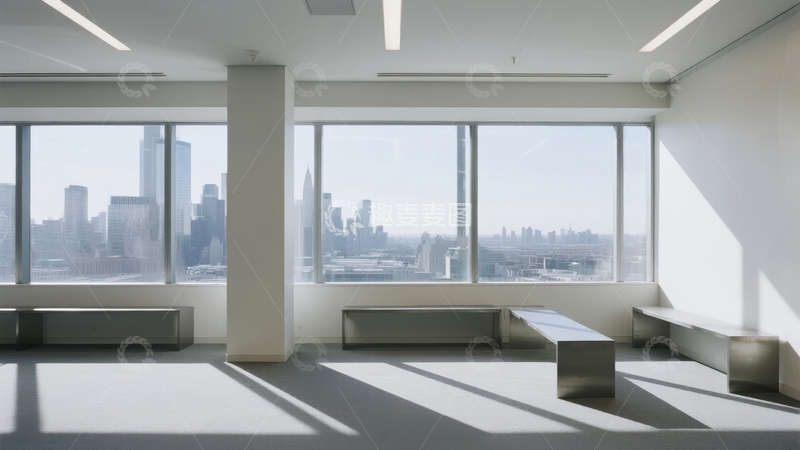 高清大图下载【趣麦麦图】现代室内空间透过大窗可见城市天际线