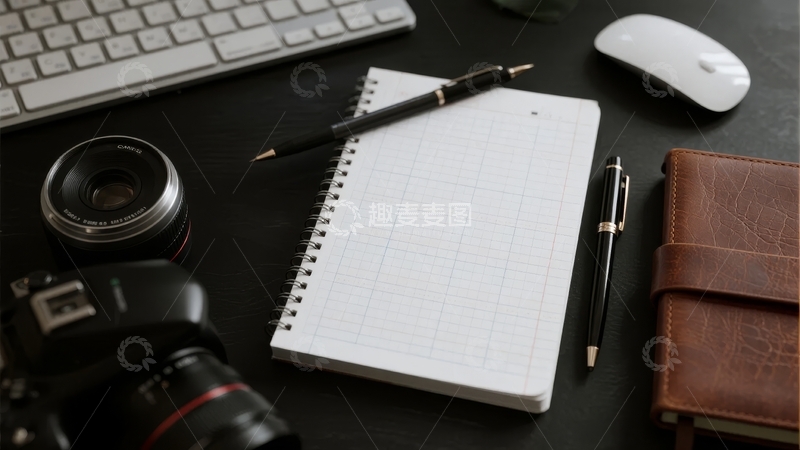 高清大图下载【趣麦麦图】办公桌上的相机笔记本与文具用品
