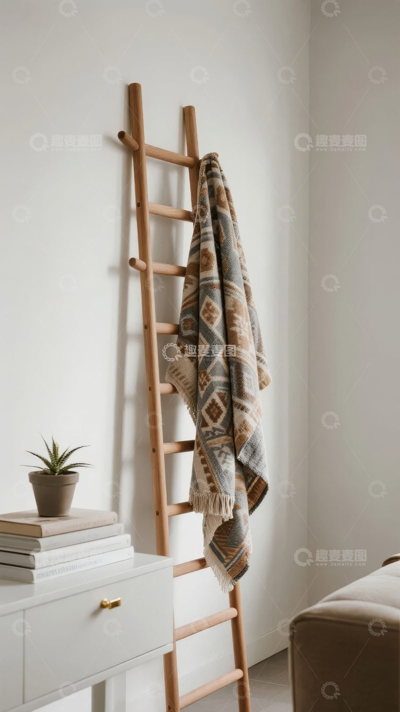 简约室内一角木质梯子搭毛巾旁有书与绿植