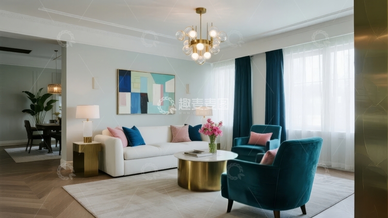 高清大图下载【趣麦麦图】现代客厅设计融合艺术装饰与舒适家具