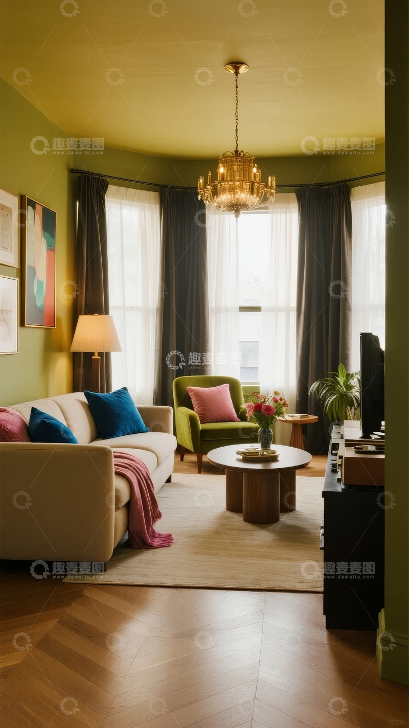 高清大图下载【趣麦麦图】绿色墙面客厅配金色吊灯和舒适家具