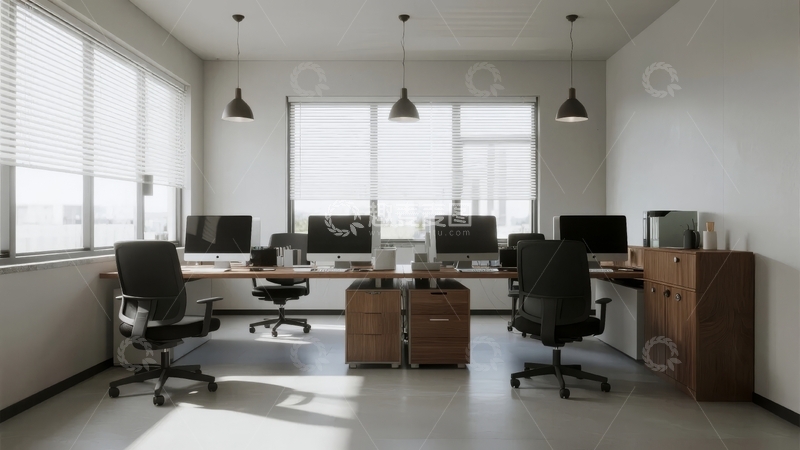 高清大图下载【趣麦麦图】现代办公室内景配备多台电脑和舒适座椅