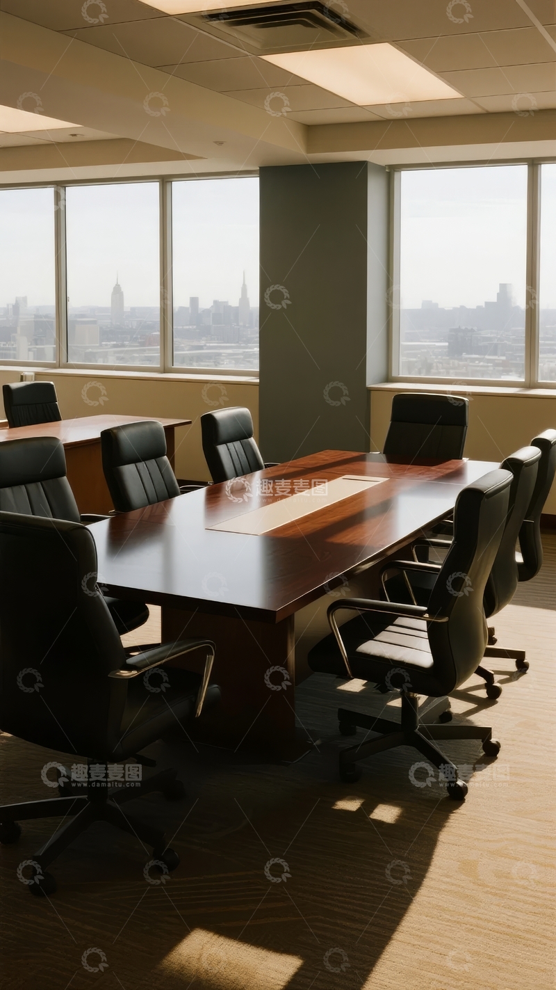高清大图下载【趣麦麦图】现代会议室配备长桌和城市景观视野