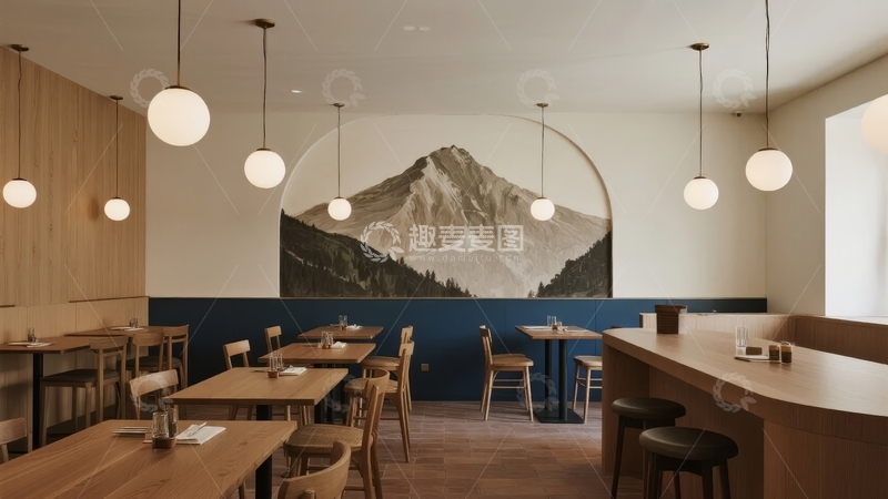 高清大图下载【趣麦麦图】现代餐厅内景壁画雪山木质桌椅吊灯