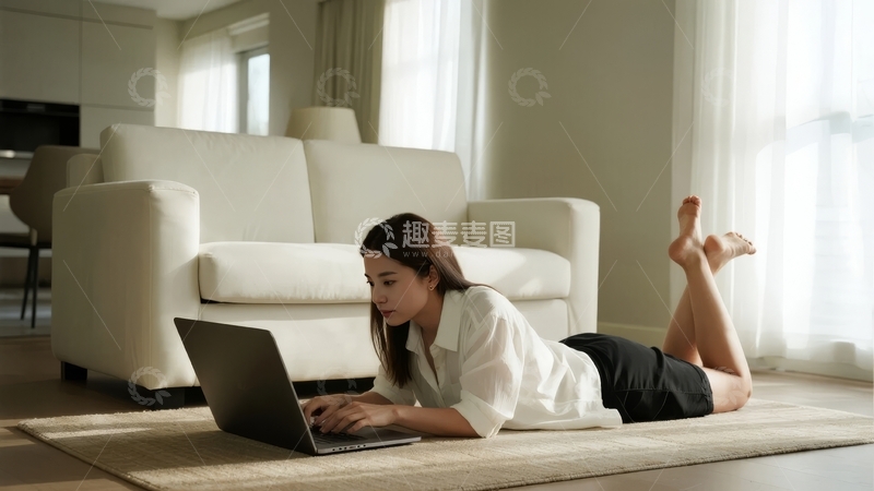 高清大图下载【趣麦麦图】女子在客厅地板上使用笔记本电脑