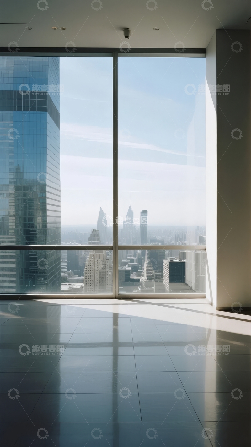 高清大图下载【趣麦麦图】现代建筑室内视角窗外城市天际线景观