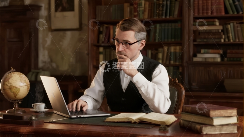 高清大图下载【趣麦麦图】戴眼镜男子在书房使用笔记本电脑思考