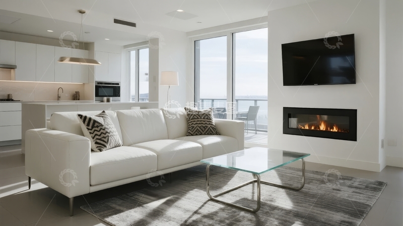 高清大图下载【趣麦麦图】现代客厅配备壁炉和落地窗景观