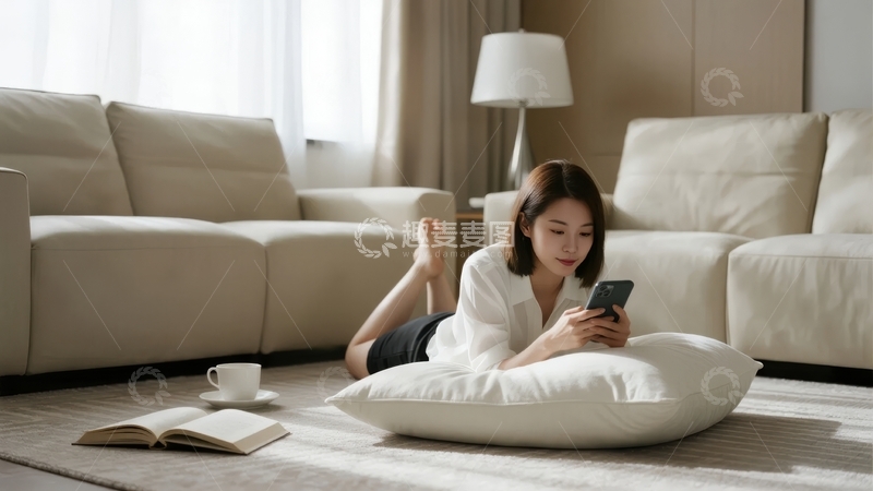高清大图下载【趣麦麦图】女子在明亮客厅地板上专注看手机