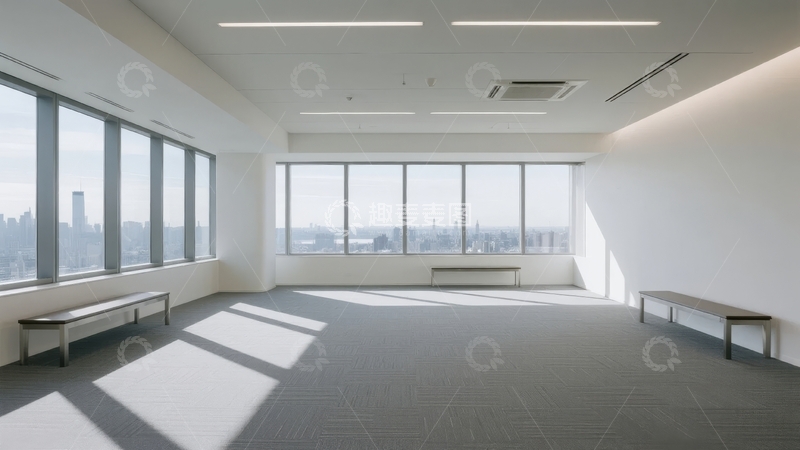 高清大图下载【趣麦麦图】宽敞明亮的室内空间配有大窗户和城市景观