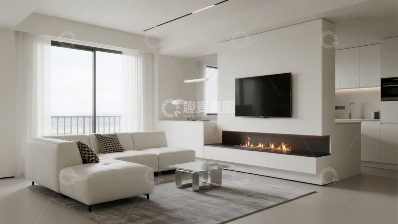 高清大图下载【趣麦麦图】现代简约风格客厅与开放式厨房设计