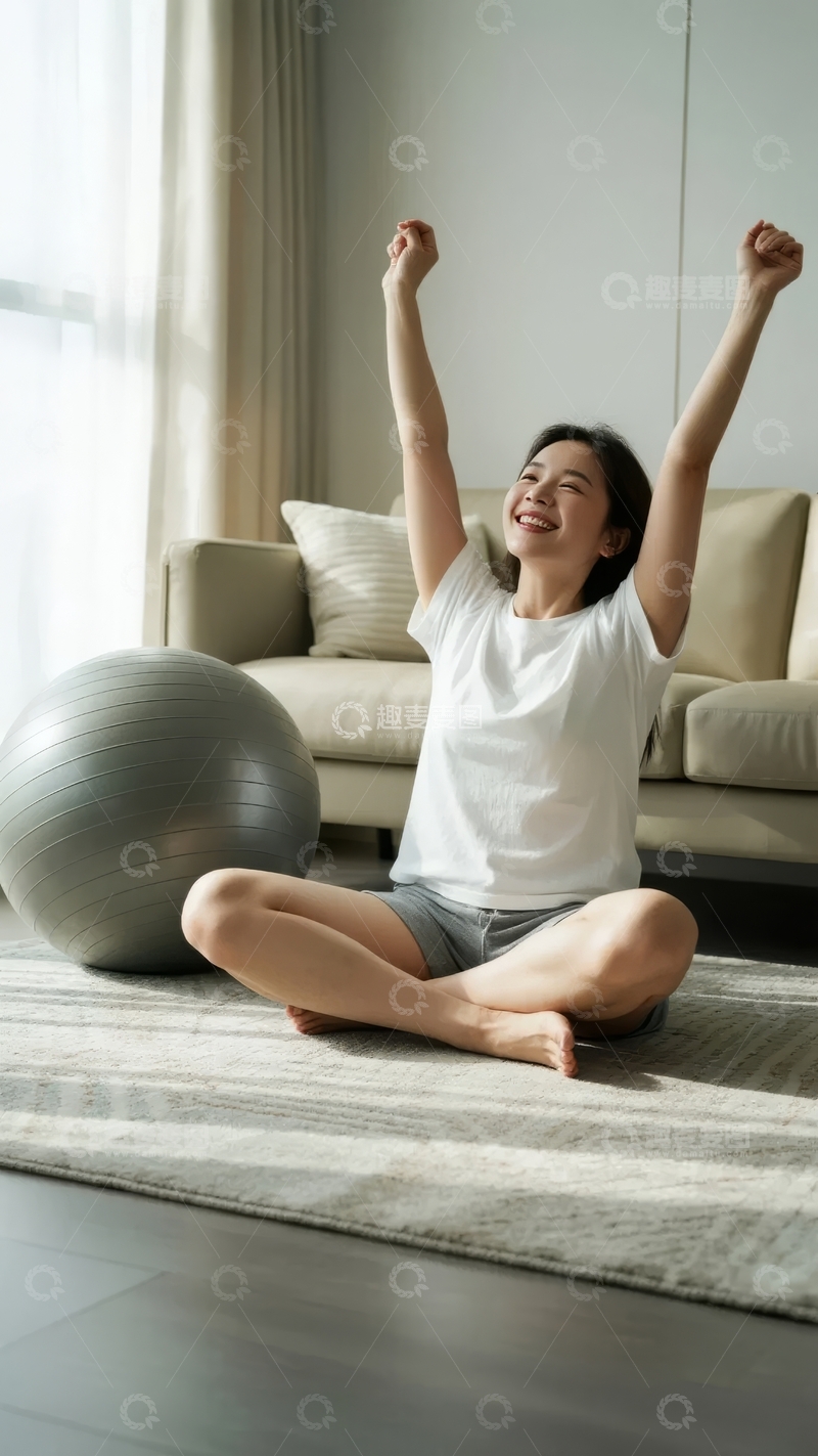 高清大图下载【趣麦麦图】女子在室内健身球旁伸展双臂微笑