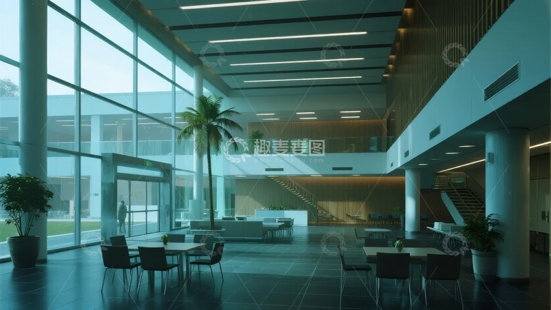 高清大图下载【趣麦麦图】现代建筑内部宽敞明亮的休息区设有桌椅和绿植