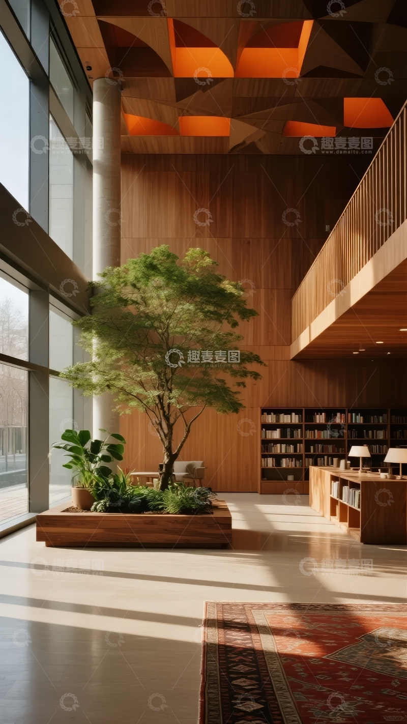 高清大图下载【趣麦麦图】现代图书馆内部设计展示木质墙面与大型绿植景观