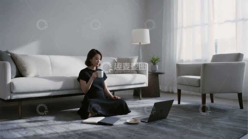 高清大图下载【趣麦麦图】女子坐在客厅地板上使用笔记本电脑并手持杯子