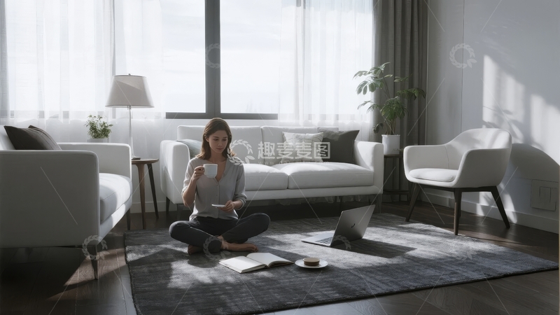 高清大图下载【趣麦麦图】女子在明亮客厅盘腿而坐使用笔记本电脑