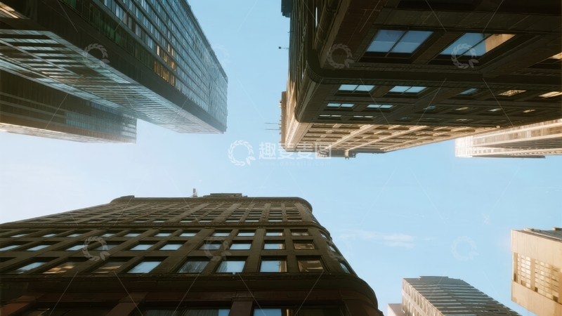 高清大图下载【趣麦麦图】仰视视角下的城市高楼群蓝天映衬