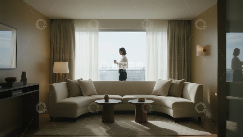 高清大图下载【趣麦麦图】现代客厅中一人站在窗边手持物品